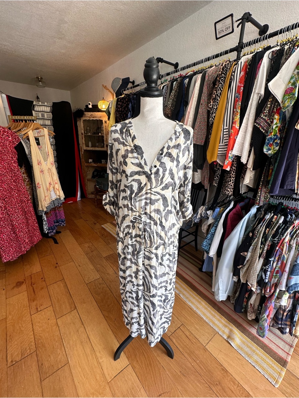 Sandshell Dot-Leaf Print Wrap-Style Dress